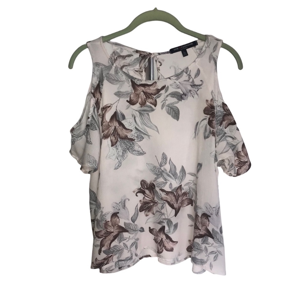 One Clothing Women's Blouse Flowy Cold Shoulder Floral 100% Rayon Size Large
